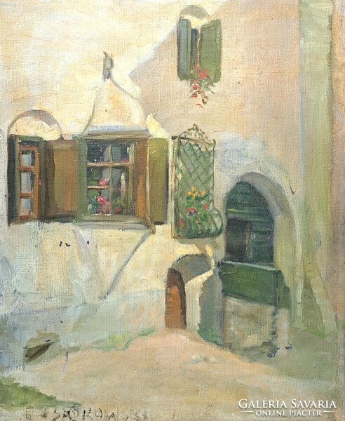 E. Sadkowski olajfestmény keretben (derűs utcakép) lengyel festő, 20. század első fele