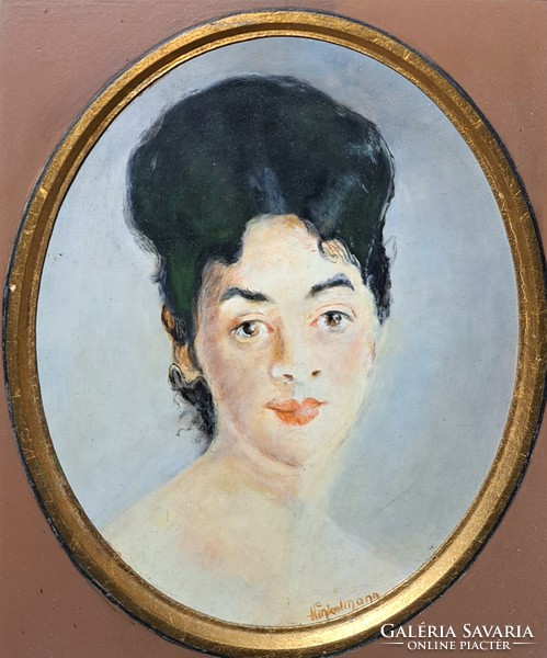 Hinkelmann jelzéssel: Antik női portré, hibátlan régi keretben