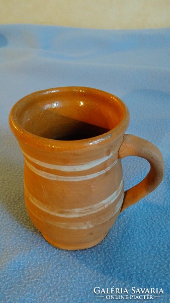 Vintage - flawless, glazed on the inside, unglazed on the outside, painted jug folk ceramic earthenware pot with spout