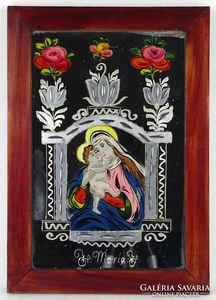1O658 Mary with her child antique painted framed mirror image 32 x 23 cm