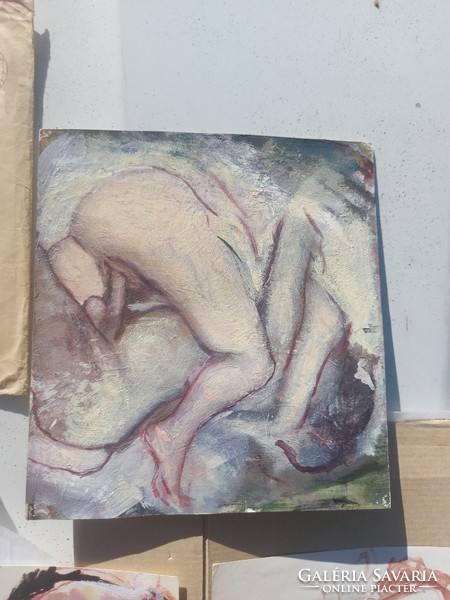 9 db Fáy Győző erotikus festmény-szösszenet, kartonpapírra, a legnagyobb mérete cca. 28 cm
