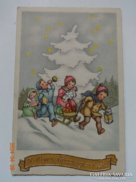Régi grafikus karácsonyi üdvözlő képeslap dombornyomott felirattal