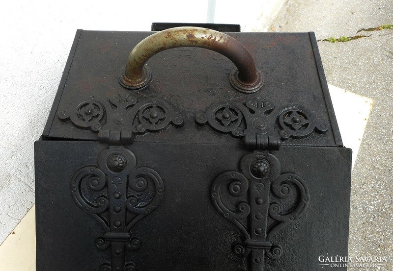 Old coal kettle, wooden chest for fireplace (decorative fittings, lion feet)