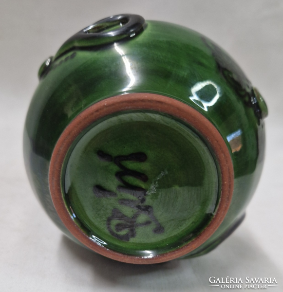 Marked green-black glazed ceramic miska jug 15.5 cm.
