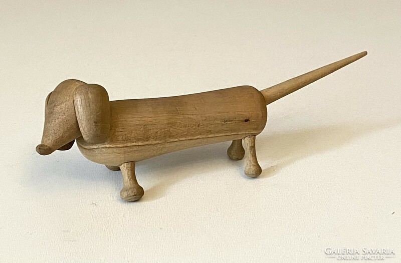Carved retro dachshund dog carved turned wooden statue