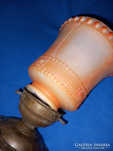 Antique art deco ceiling lamp, acid-etched orange-tinted glass hooded copper fitting