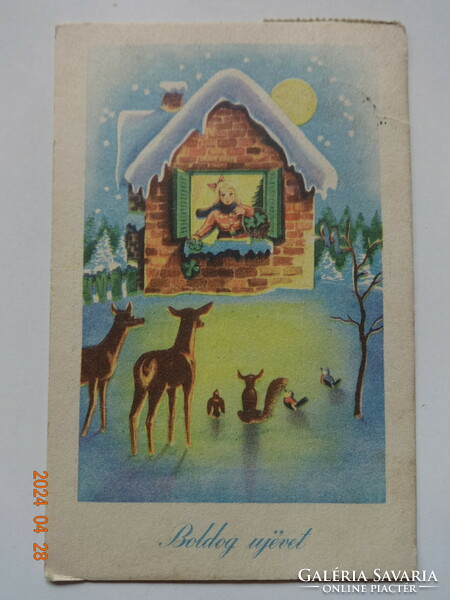 Régi grafikus újévi üdvözlő képeslap - havas házikó, őzikék  (1948)