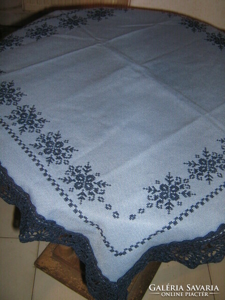 Beautiful handmade crochet embroidered cross-stitch blue floral patterned tablecloth