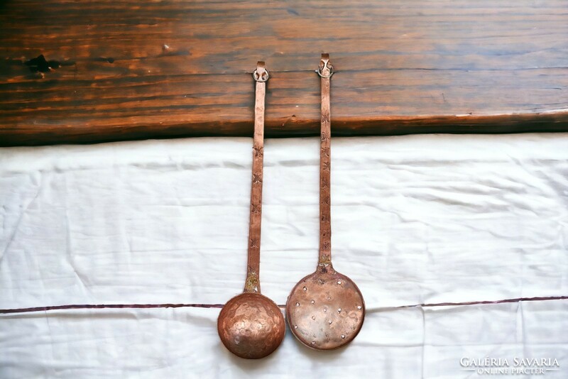 Vintage French handmade copper strainer and ladle set