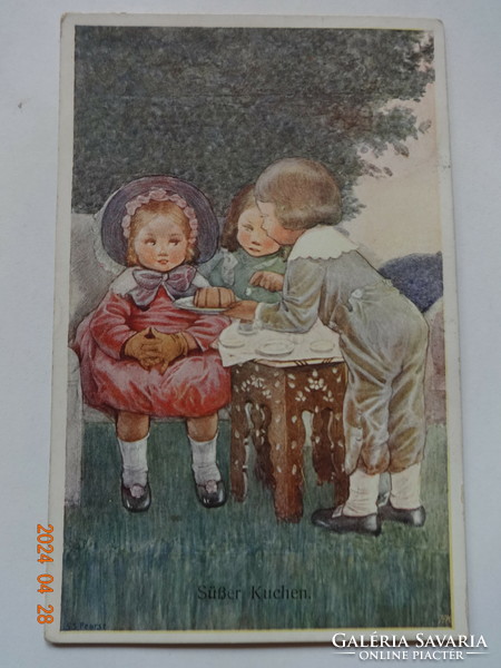 Régi, antik grafikus üdvözlő képeslap, Susan Beatrice Pearce rajz (1920)