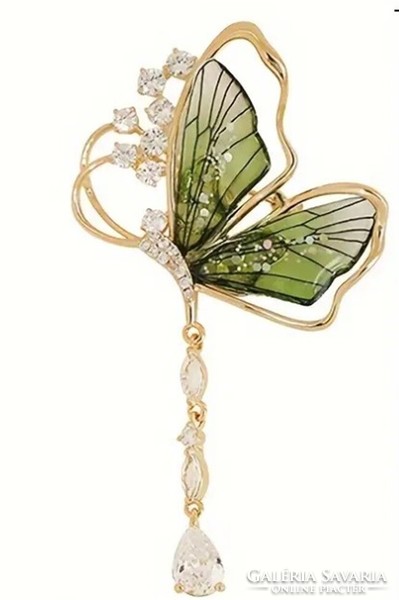 Brooch, brooch bro263 - butterfly with green rhinestones 65x40mm