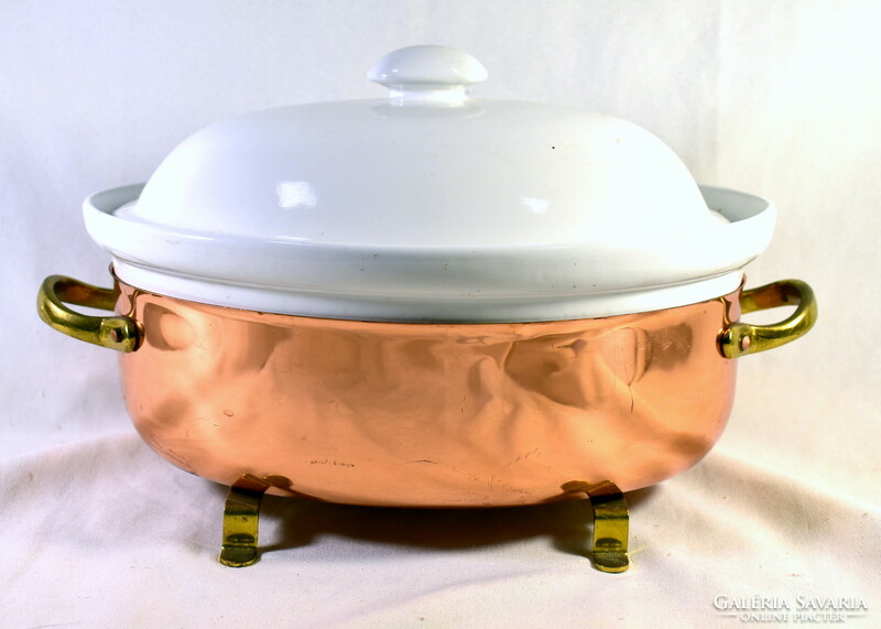Red copper serving dish with ceramic lidded baking dish
