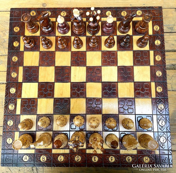 Carved wooden chess set