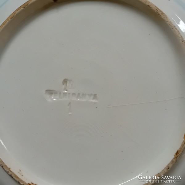 Telkibánya ceramic bowl with rooster, stamped mark, antique