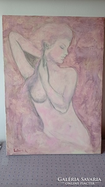 Marked painting, female nude, portrait, picture without frame, canvas
