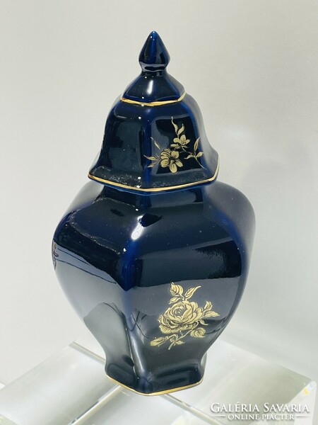 Hollóháza blue vase with lid