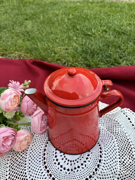 Enamel enameled beautiful 18 cm high red small teapot teapot coffee pot village peasant