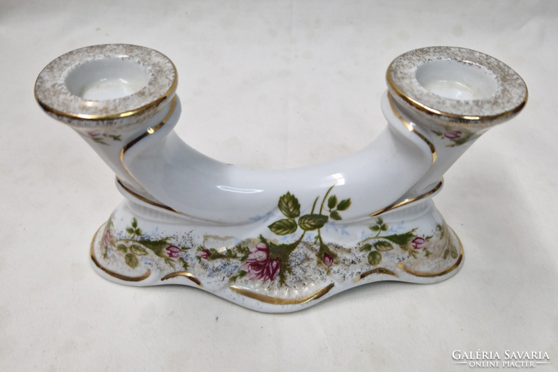 Decorative chodziez porcelain two-pronged candle holder with rose pattern and gilding in perfect condition