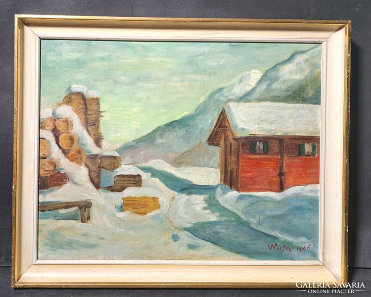 Winter landscape in the mountains (oil on canvas, 1966) rosa or v. Rosa with sign