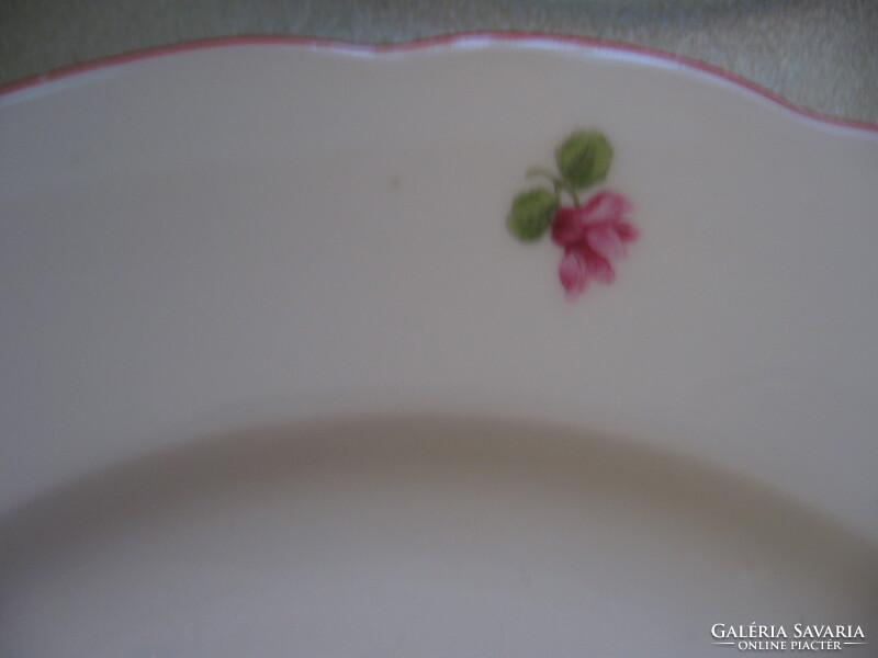 Antik apró ciklámenes , piros szélű tányér