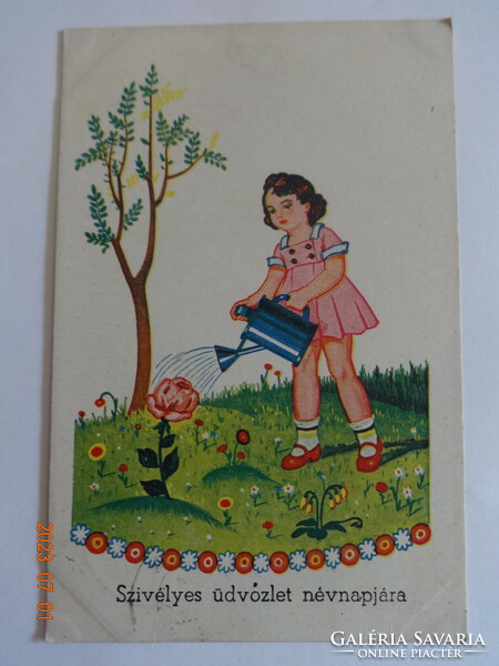 Old graphic name day greeting card - little girl watering flowers (1940)