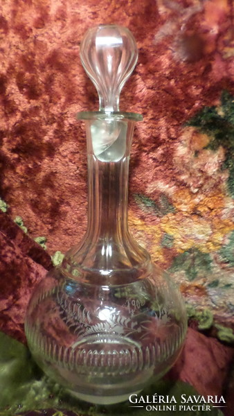 1905, peeled, polished, large crystal bottle with monogram. The glass is intact, the cork is damaged