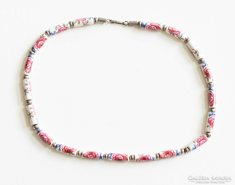 Vintage porcelain / ceramic pearl necklace - neck blue with rose pattern