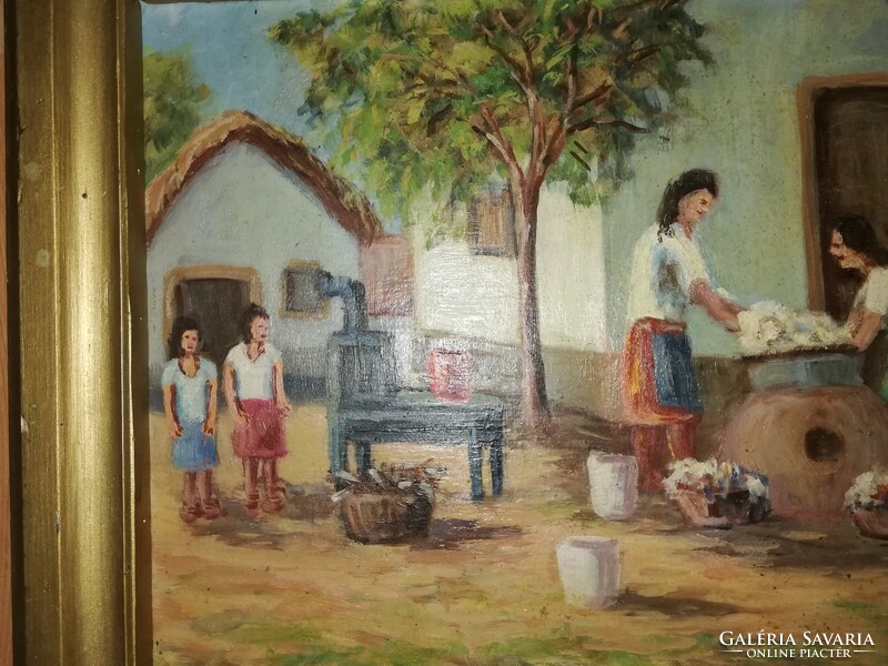 Béla Harvester oil-on-wood painting of a 