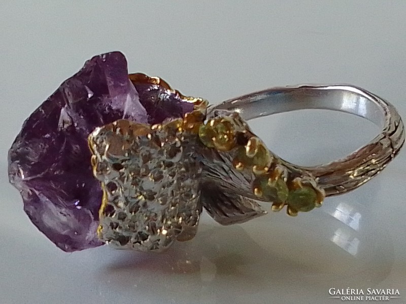 Organic amethyst 14 carat gold silver design ring!