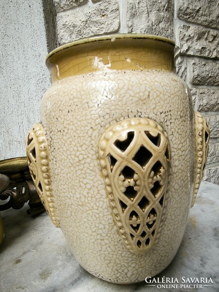 Antique Zsolnay lamp with openwork decoration, openwork bronze cast base