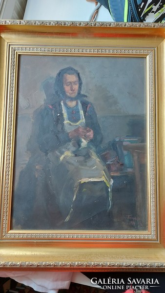Painting by János Tornyai (1869-1936) entitled Woman knitting, oil on cardboard