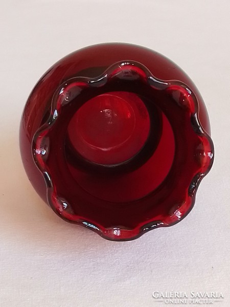 Régi bíbor vörös sötét piros fodros peremű dekor üveg váza 10,5 cm jelzett Hibátlan