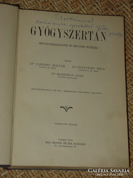 Vámossy-Fenyvessy-Mansfeld: pharmacology 1914