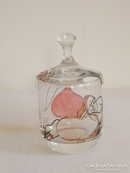 Régi retro vintage kézműves üveg lekváros mézes kínáló tartó plasztikus égetett zománc dekor minta