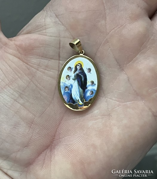 Gold fire enamel Virgin Mary pendant, porcelain showy size