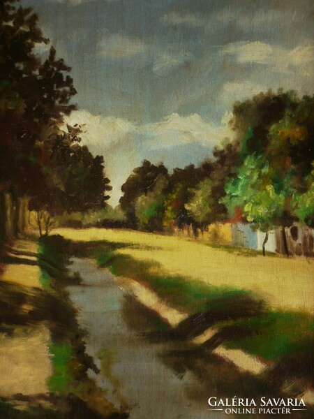 Unknown painter (first half of the 20th century): houses on the bank of the stream