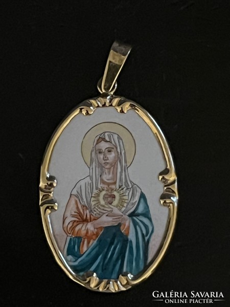 Gold fire enamel Virgin Mary pendant porcelain showy size
