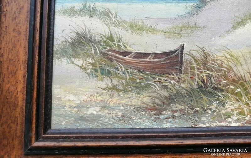 Naturalista tájkép a Balaton partján veszteglő csónakkal, keretezett olaj-furnér festmény szignóval