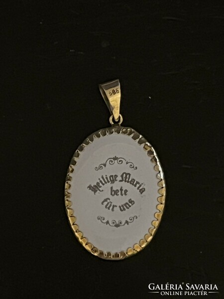 Gold fire enamel Virgin Mary pendant, porcelain showy size