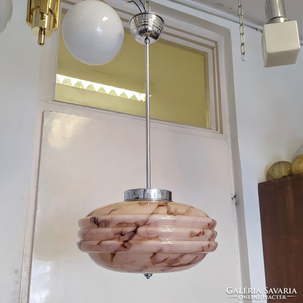Art deco - streamlined ceiling lamp renovated - marbled pink shade