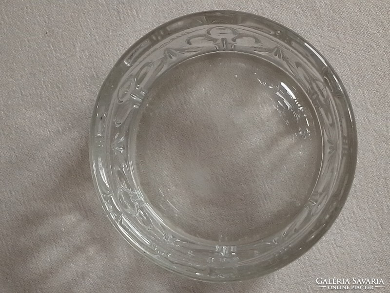 Molded glass offering bowl, jam, honey, candle holder, leaf pattern on the side
