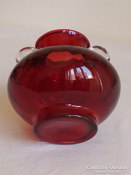 Old special beautiful deep dark crimson red red decor glass small vase with handles 9 cm