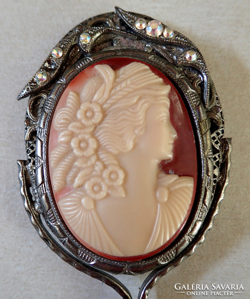 Beautiful old vintage silver colored ornate stone metal mini hand mirror cameo cameo decorated hand mirror