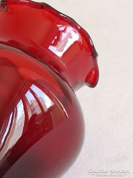Old crimson red dark red frilled rim decor glass vase 10.5 cm marked flawless