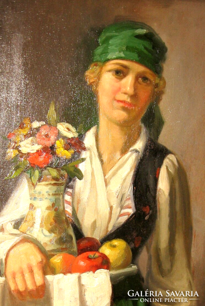 Wonderful 1918 guaranteed original Károly Krushnyák / 1889-1960/ : girl with tray