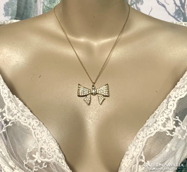 Old Bow Pendant Metal Vintage Necklace, Jewelry is from the 1980s, Rhinestone Bow Pendant