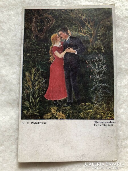 Antique, old romantic postcard - 1918 - the first kiss -6.