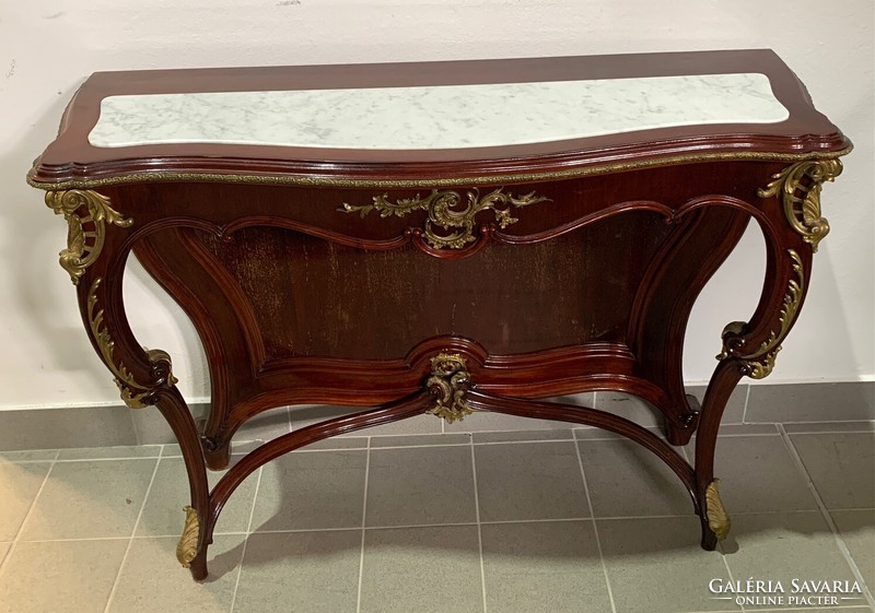Antik gyönyörű Francia barokk rézveretes, márványlapos konzolasztal  RZ
