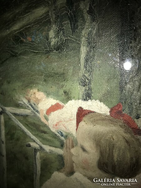 Little girls praying. Antique oil painting, marked. (Peske?)