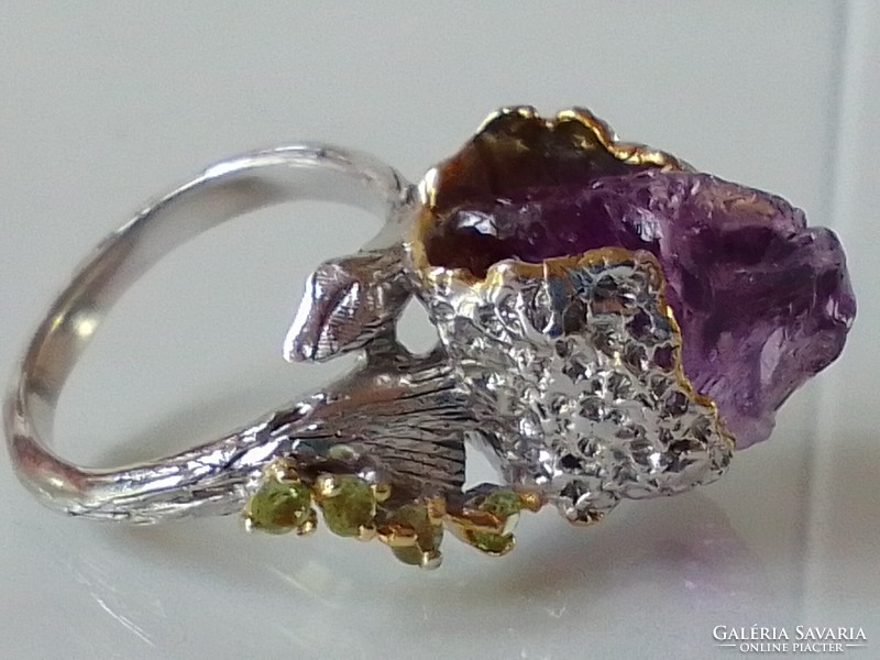 Organic amethyst 14 carat gold silver design ring!